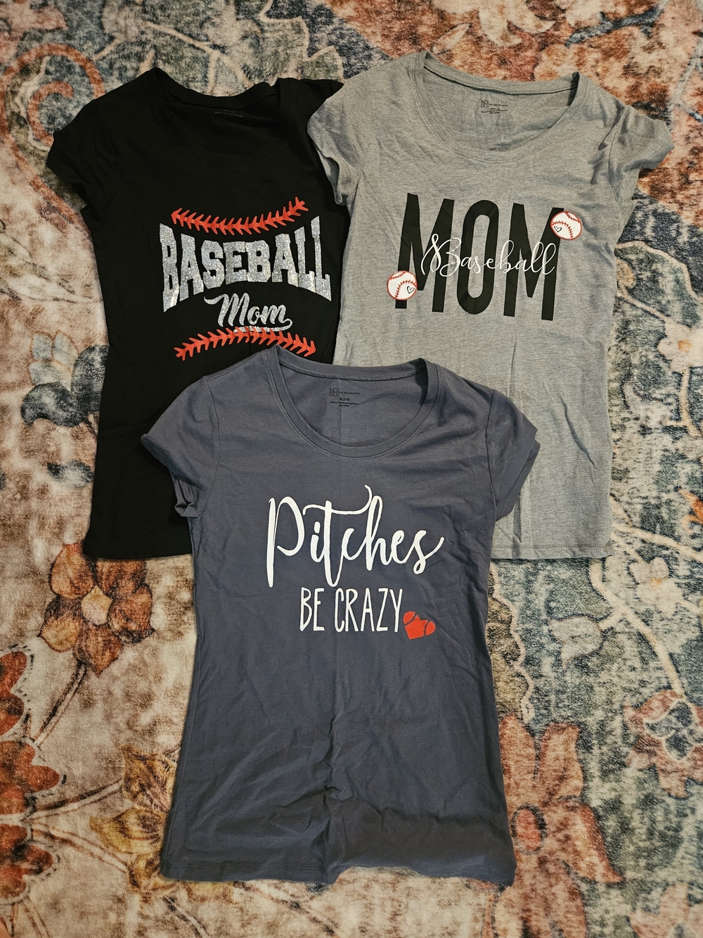 Bundle Of 3 Baseball Mom Graphic Long Sleeve Tee - Black, Gray, Navy